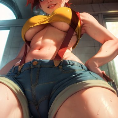 pokemon, kasumi (pokemon), aiporndude, 1girls, armpits, belly, belly button, blue eyes, cameltoe, curvaceous, curvy, curvy body, curvy female, curvy figure, denim shorts