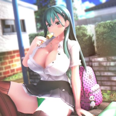 kantai collection, suzuya (kantai collection), takesuing, 1boy, 1girls, aroused, backpack, backpack removed, bench, big breasts, big penis, blowjob, blush, bouncing breasts, breasts