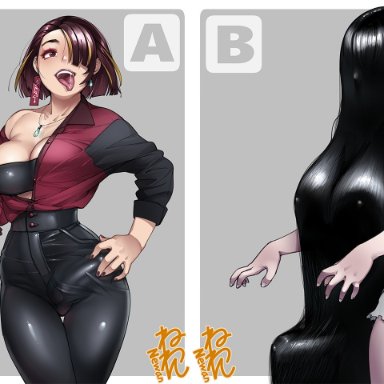 the ring, yamamura sadako, neone, 2futas, bangs, big breasts, big penis, black hair, black pants, black tube top, bracelet, breasts, brown hair, bulge, cleavage