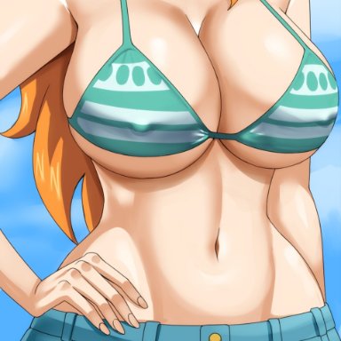 one piece, nami, pinkpawg, 1girls, big breasts, bikini, bikini top only, breasts, busty, child bearing hips, cleavage, confident, curvy, female, female only
