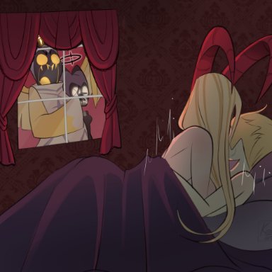 hazbin hotel, adam (hazbin hotel), exorcist (hazbin hotel), lute (hazbin hotel), anonymous artist, angel, bed, covering, covering face, demon, fallen angel, female, freaking out, furniture, halo