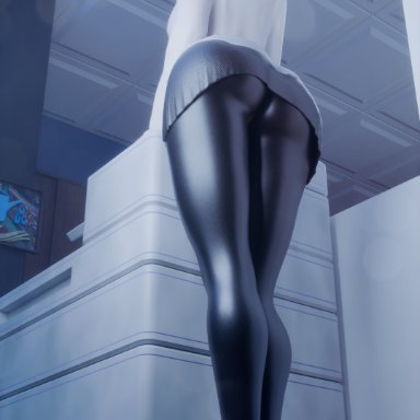 blizzard entertainment, overwatch, overwatch 2, mercy, moonroomoom, earrings, from behind, high heels, leather clothing, leather legwear, leather pants, leggings, office, office lady, ponytail