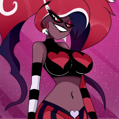 hazbin hotel, velvette (hazbin hotel), sonson-sensei, 1girls, black lipstick, breasts, crop top, curvy female, demon, demon girl, eyeshadow, female, female only, fingerless gloves, hourglass figure