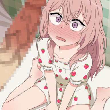 sono bisque doll wa koi wo suru, inui sajuna, kere domo, 1boy, barefoot, blush, collarbone, crossed bangs, dress, feet, female, food print, full-face blush, long hair, looking at penis