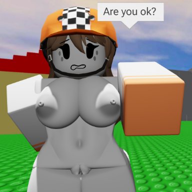 roblox, roblox avatar, robloxian, tagme (artist), 1girls, ass, black eyes, brown hair, chat bubble, completely nude, completely nude female, cute, freckles, gloves, grey skin