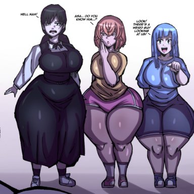 chainsaw man, jujutsu kaisen, tokyo revengers, hinata tachibana, kasumi miwa, mitaka asa, tachibana hinata, theodyss, 3girls, bike shorts, black hair, blue hair, bottom heavy, child bearing hips, clothed