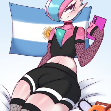 nintendo, pokemon, gallade, generation 4 pokemon, pochita (chainsaw man), pok&#233;mon (species), saltyxodium, 1boy, argentine flag, black eyes, blush, bulge, femboy, fishnet armwear, fishnet stockings