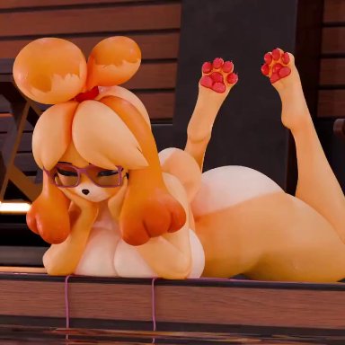 isabelle (animal crossing), dividebyzero, big ass, big breasts, bikini, bikini top only, breasts, bubble butt, huge ass, sleeping, thick thighs, wide hips, 3d, tagme, video