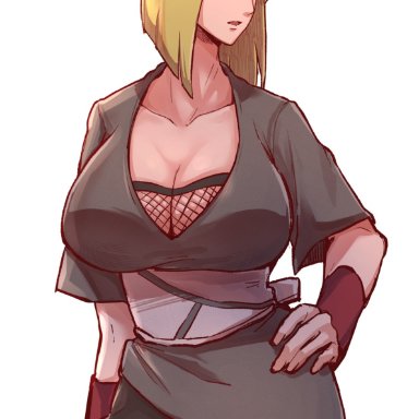 naruto, naruto (series), naruto shippuden, samui, aosora2823, blonde hair, blue eyes, bob cut, breasts, cleavage, collarbone, dress, female, fishnet top, fishnets