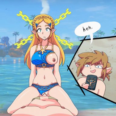 breath of the wild, nintendo, the legend of zelda, hylian, link, link (breath of the wild), princess zelda, zelda (breath of the wild), electrickronos, 1boy, 1girls, 20s, arms behind back, beach, big breasts