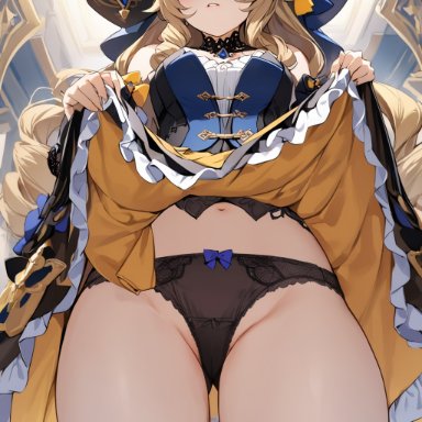 genshin impact, navia (genshin impact), 1girls, bare shoulders, big breasts, black dress, black hat, black panties, blonde hair, blush, brooch, corset, detached sleeves, disgusted, disgusted look