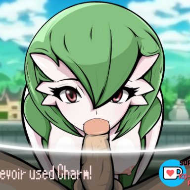 pok&#233;mon, pokemon, gardevoir, retrofap, 1girl1boy, big breasts, big butt, blowjob, breasts, charm (pok&#233;mon move), fellatio, fellatio gesture, green hair, kneeling, pale-skinned female