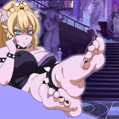 mario (series), new super mario bros. u deluxe, nintendo, bowsette, visiuun, zorzero, 1girls, 5 toes, after effects, bangs, barefoot, black nails, black toenails, blonde hair, blue eyes