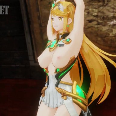 monolith soft, nintendo, xenoblade (series), xenoblade chronicles (series), xenoblade chronicles 2, mythra, aidenhet, 1girls, arms above head, big ass, big breasts, big butt, blonde hair, bondage, bound