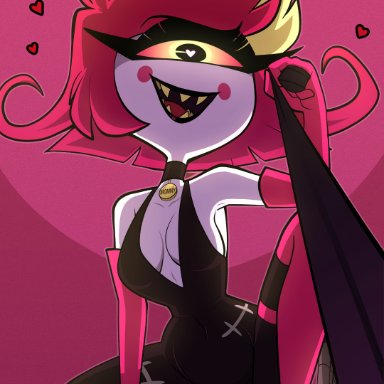 hazbin hotel, niffty (hazbin hotel), wheatly101, 1boy, 1girls, demon, demon girl, dominatrix outfit, female, female focus, femdom, heart, heart-shaped pupils, human, imminent sex