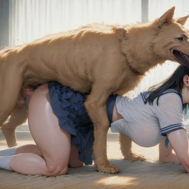 nanikasan17761, 1animal, 1girls, big breasts, black hair, blush, breasts, canine, clothed, clothed sex, doggy style, fucked silly, school uniform, sex, skirt