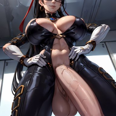 bayonetta, bayonetta (character), shadyfox, 1futa, balls, big breasts, big penis, black hair, blue eyes, bodily fluids, breasts, day, daytime, dripping, dripping precum