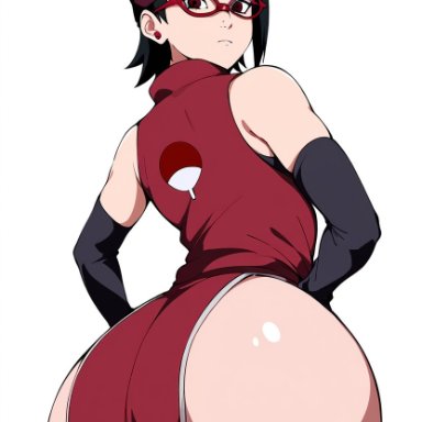 boruto: naruto next generations, naruto, naruto (series), sarada uchiha, aged up, arm sleeves, ass focus, huge ass, looking at viewer, shinobi, thick ass, ai generated