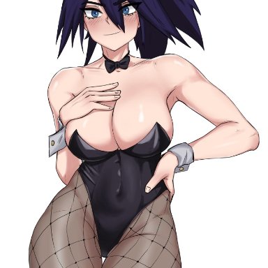 my hero academia, midnight (my hero academia), nemuri kayama, shadertoons, 1girls, big breasts, black hair, blue eyes, blush, breasts, bunny ears, bunnysuit, female, fishnets, solo