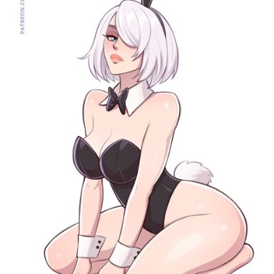 nier: automata, yorha 2b, toksie, 1girls, blue eyes, brown hair, bunny ears, bunny tail, bunnysuit, cleavage, female, female only, hair over one eye, looking at viewer, solo