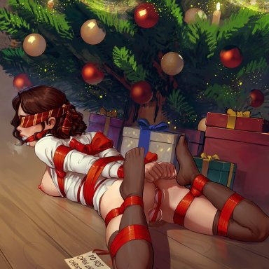 harry potter (series), wizarding world, hermione granger, saneperson, anal, anal object insertion, ass, black socks, blindfold, bondage, bound, breasts, brown hair, brown thighhighs, christmas tree
