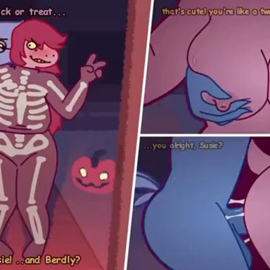 deltarune, halloween, berdly, noelle holiday, susie (deltarune), wtperv, 1boy1girl, anthro on anthro, avian, blue feathers, blush, breast grab, breasts, furry, glasses