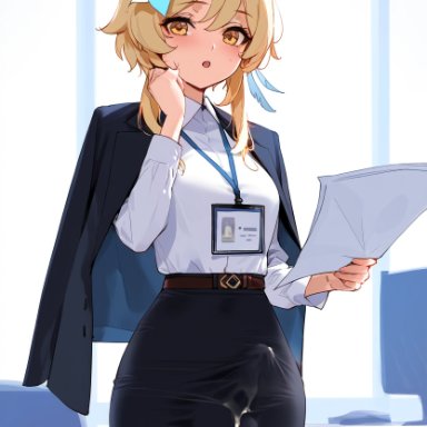 genshin impact, lumine (genshin impact), doseogwan, 1futa, balls, balls under clothes, black jacket, black skirt, blonde hair, breasts, bulge, bulge through clothing, clothed, cum, cum drip