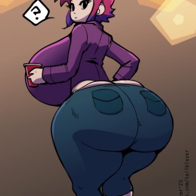 scott pilgrim, ramona flowers, tail-blazer, 1girls, ass expansion, backboob, big ass, big breasts, breast expansion, cup, denim, expansion, hourglass expansion, hourglass figure, jeans