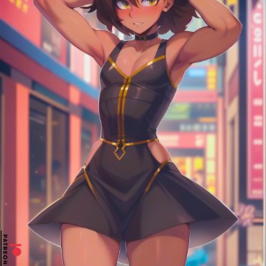 patreon, darabri, 1boy, armband, armpits, arms above head, arms behind head, arms up, blush, brown eyes, collar, cute, dark skin, dark-skinned femboy, detailed background