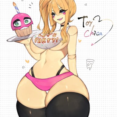 five nights at freddy's, five nights at freddy's 2, cupcake (fnaf), toy chica (fnaf), toge77789, togetoge, bib, big breaasts, big thighs, black panties, black thighhighs, bottom heavy, breasts, clothed, fully clothed