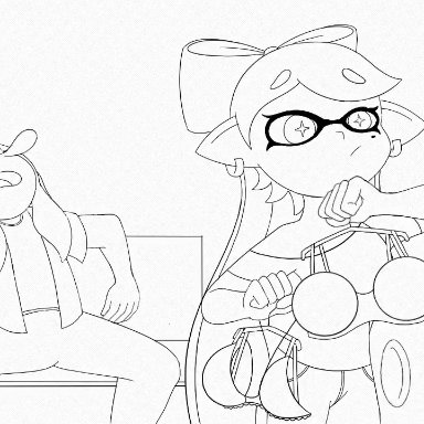 splatoon, callie (splatoon), oc, squid sisters, darkstar, tagme (artist), unknown artist, alternate breast size, asleep, big breasts, breast expansion, breast poke, breasts, breasts bigger than head, clothed