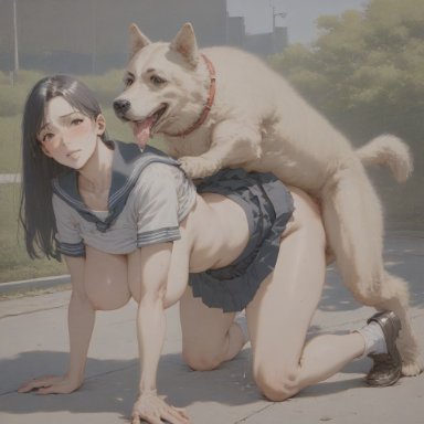 nanikasan17761, 1animal, 1boy, 1girls, big breasts, black eyes, black hair, blush, breasts, canine, clothed, clothed sex, doggy style, erection, female