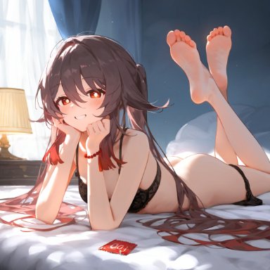 genshin impact, hu tao (genshin impact), 1girls, ass, barefoot, bed, black bra, black panties, blush, blush lines, bra, bracelet, breasts, brown hair, collarbone