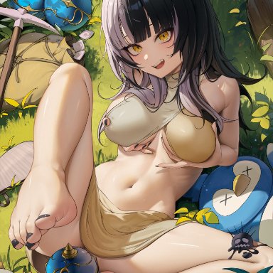 hololive, hololive english, hololive english -advent-, palworld, shiori novella, yorick (shiori novella), greatodoggo, :d, anus, bare shoulders, barefoot, black hair, black nails, breasts, condom