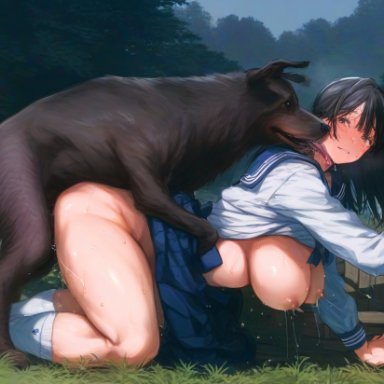 nanikasan17761, 1animal, 1girls, big breasts, black eyes, black hair, blush, breasts, canine, clothed, clothed sex, dog, doggy style, erect nipples, fucked silly
