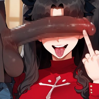 fate (series), fate/stay night, tohsaka rin, floox, 1boy, 1girls, alternate breast size, blue eyes, breasts, brown hair, dark skin, dark-skinned male, female, huge cock, large breasts