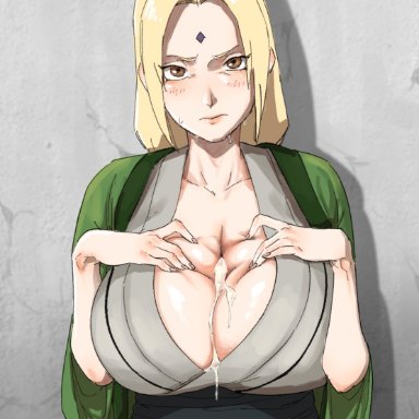 boruto: naruto next generations, naruto, naruto (series), naruto shippuden, tsunade, xshuai, 1girls, after paizuri, after sex, against wall, big breasts, breast grab, breasts, clothing, cum