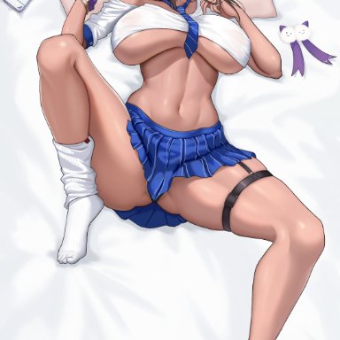 goddess of victory: nikke, naga (nikke), rakuri, 1girls, ass, barefoot, bed, biting, black hair, black panties, blue skirt, blush, bracelet, breasts, cellphone