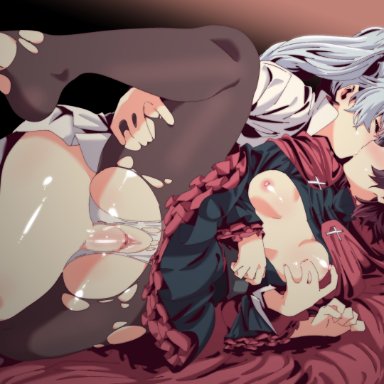 rwby, ruby rose, weiss schnee, ecoman, hahahawo, 1futa, 1girls, areolae, balls, black hair, breasts, breasts out, clothed, clothed sex, clothing