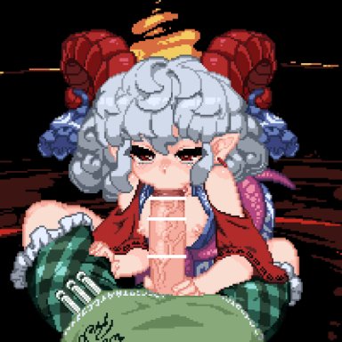 touhou, tenkajin chiyari, yuuma toutetsu, sukunashi negi, 1futa, 1girls, big penis, blowjob, breasts, breasts out, clothed, clothing, cum, cum in mouth, duo