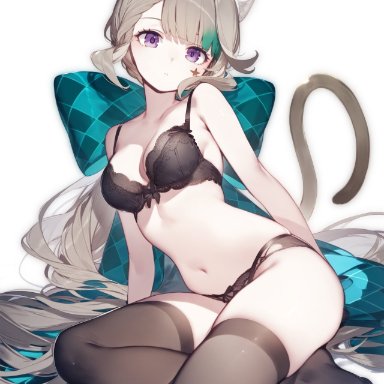 genshin impact, lynette (genshin impact), setsuaiart, animal ears, bra, breasts, brown hair, cat ears, cat tail, catgirl, female, female only, lingerie, panties, purple eyes