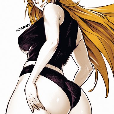 jujutsu kaisen, yuki tsukumo, missfaves, ass, black panties, black shirt, blonde hair, breasts, brown eyes, female, hair over one eye, hand on own ass, large breasts, lips, long hair