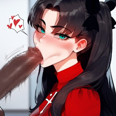 fate (series), fate/stay night, tohsaka rin, floox, 1boy, 1girls, alternate breast size, blowjob, blue eyes, breasts, brown hair, dark skin, dark-skinned male, female, huge cock