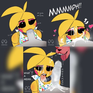 five nights at freddy's, five nights at freddy's 2, fnaf, mangle (fnaf), toy chica (fnaf), zhenai, ahe gao, ahegao face, animal nose, bib, black eyes, blowjob, blush, chicken, chicken girl