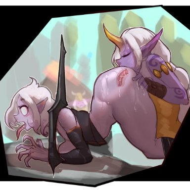 league of legends, riot games, briar (league of legends), soraka, dddoodles, 2girls, cunnilingus, pale skin, pale-skinned female, pink hair, purple body, purple skin, thick ass, thick thighs, tongue