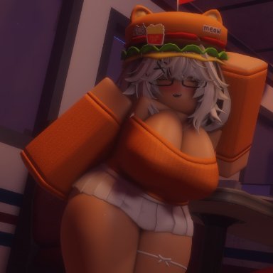 roblox, roblox avatar, robloxian, niki okarin, 1girls, arm up, blush, burger, cat ears, cleavage, closed eyes, female, female only, glasses, hairclip