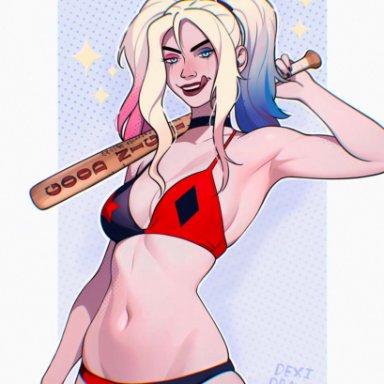 batman (series), dc comics, harley quinn, dexi draws, 1girls, abs, armpits, baseball bat, bat, big breasts, bikini, blonde hair, curvy, dyed hair, licking lips