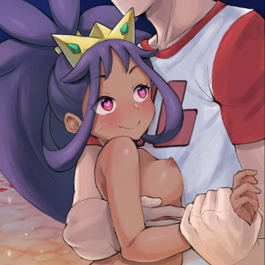 pokemon, pokemon bw, pokemon rgby, iris (pokemon), red (pokemon), artsheops, 1boy, 1girls, blush, breasts, completely nude, dark-skinned female, female, heart-shaped pupils, hugging