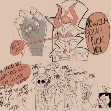 hazbin hotel, adam (hazbin hotel), angel dust (hazbin hotel), husk (hazbin hotel), lute (hazbin hotel), vaggie (hazbin hotel), calazotauvu, gay, implied sex, comic, comic page, sketch page