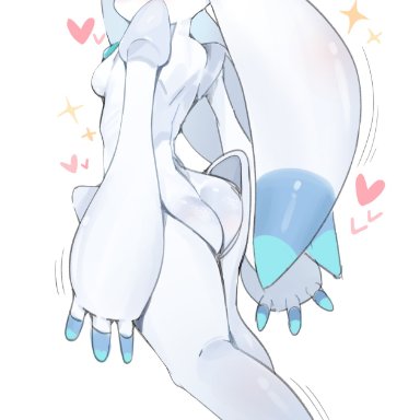 palworld, lunaris (pal), pal (species), artist request, anthro, ass, big thighs, blue eyes, blush, breasts, closed eyes, cute, female, female only, heart